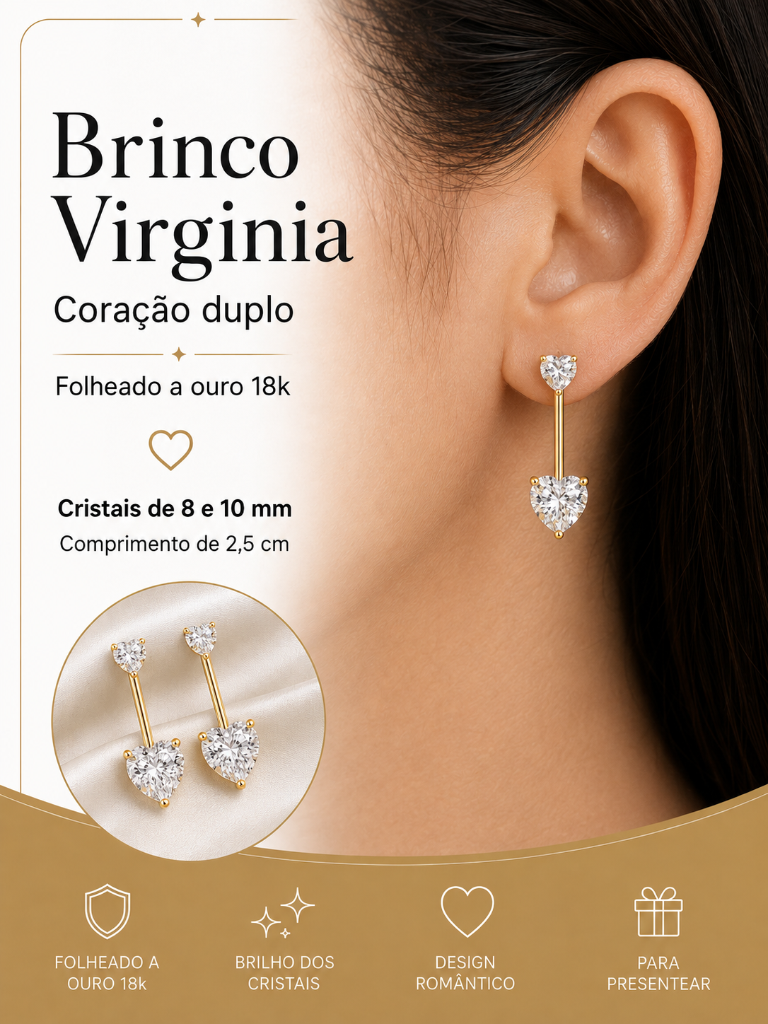 Brinco Virginia Folheado a Ouro 18k Coração Cristal Duplo