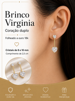 Brinco Virginia Folheado a Ouro 18k Coração Cristal Duplo