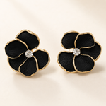 Brinco Folheado a Ouro 18k Flor Esmaltada Preta com Cristal