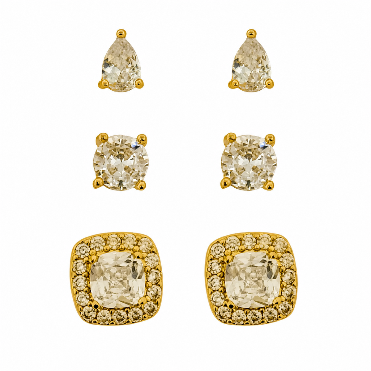 Trio de Brinco Folheado a Ouro 18k e Prata Quadrado Cristal Colorido Com Gota