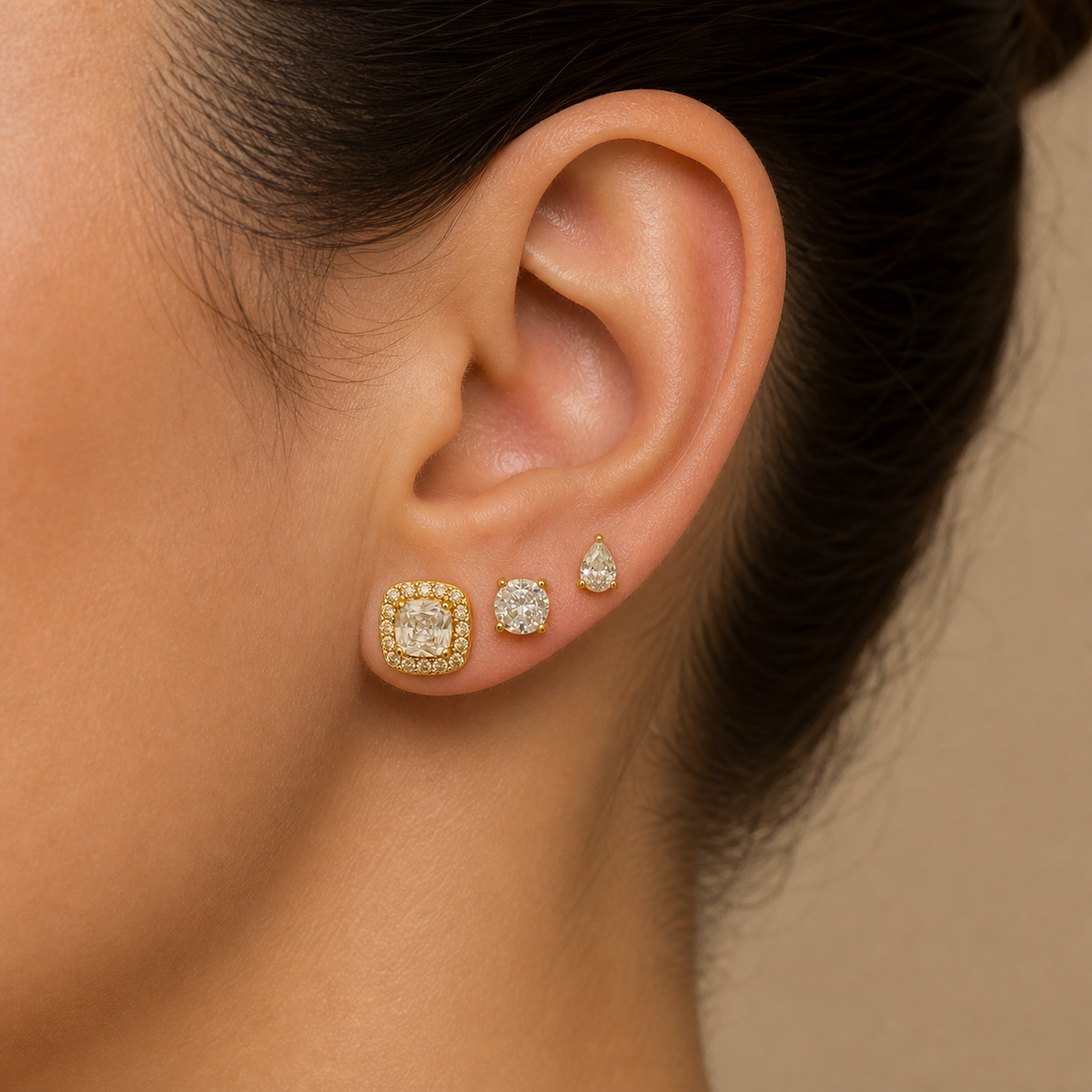 Trio de Brinco Folheado a Ouro 18k e Prata Quadrado Cristal Colorido Com Gota