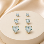 Trio de Brinco Folheado a Ouro 18k e Prata Coração de Cristal P, M e G