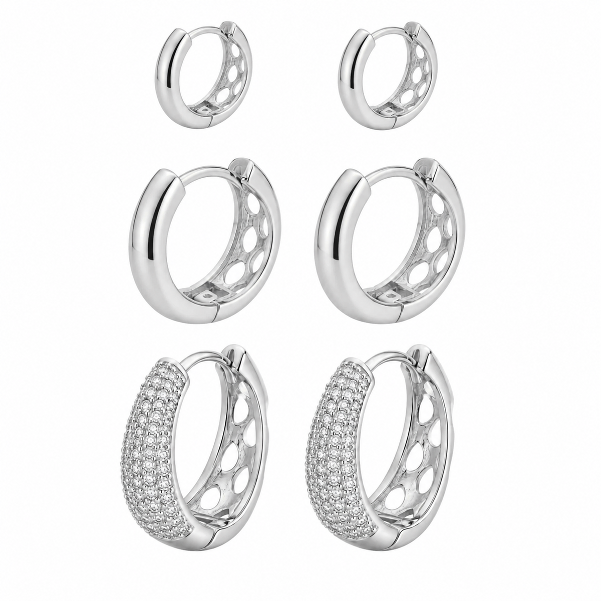 Trio de Brinco Folheado a Ouro 18k e Prata Argolas Lisas e Cravejadas