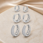 Trio de Brinco Folheado a Ouro 18k e Prata Argolas Lisas e Cravejadas
