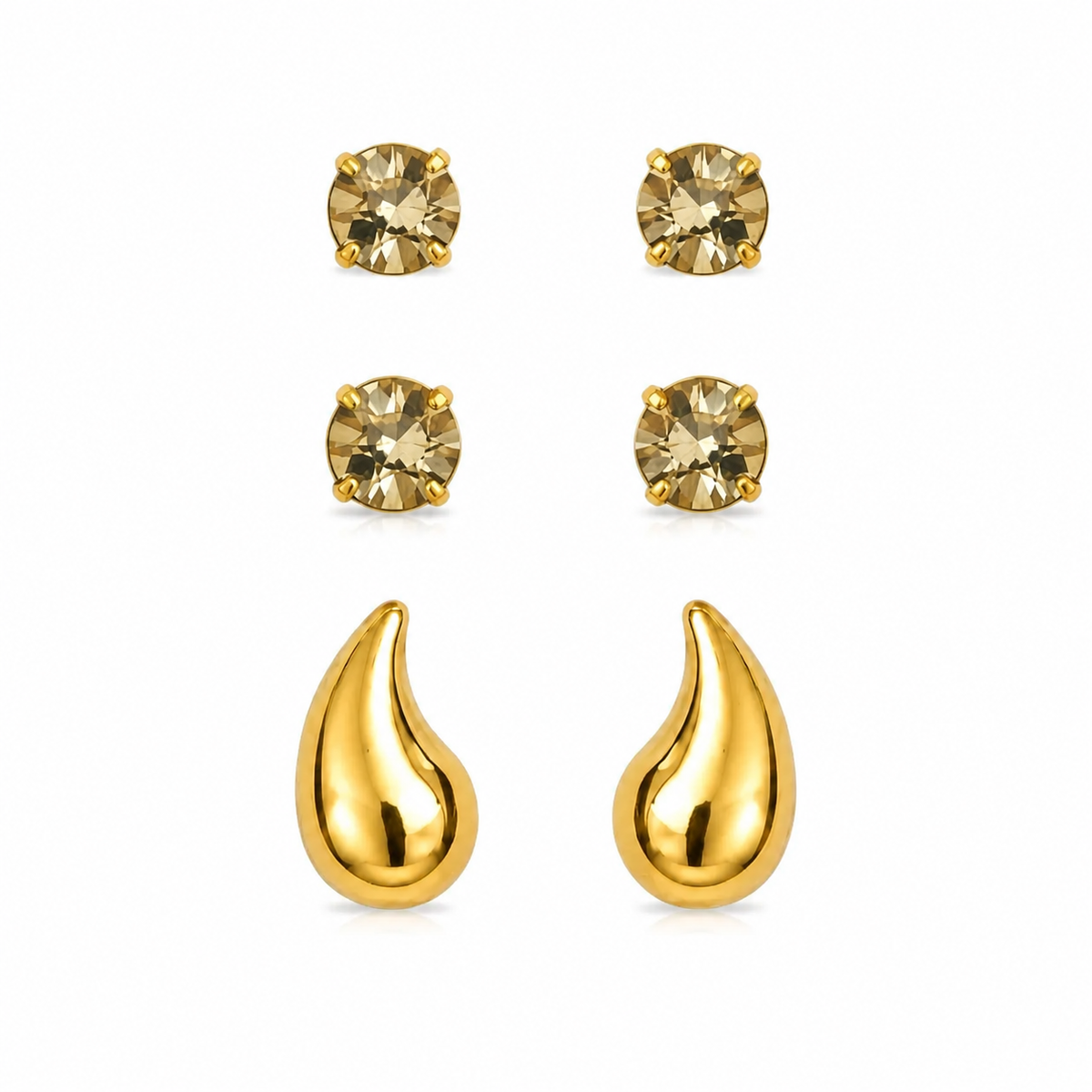 Trio de Brinco Folheado a Ouro 18k Ponto de Luz e Gota