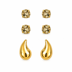 Trio de Brinco Folheado a Ouro 18k Ponto de Luz e Gota