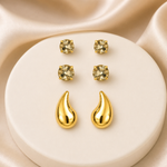 Trio de Brinco Folheado a Ouro 18k Ponto de Luz e Gota