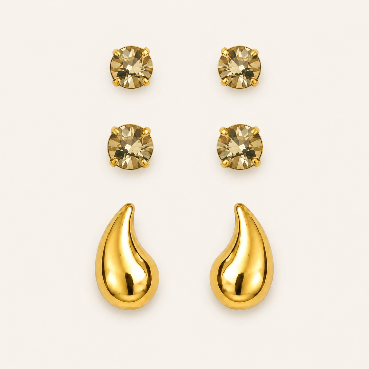 Trio de Brinco Folheado a Ouro 18k Ponto de Luz e Gota
