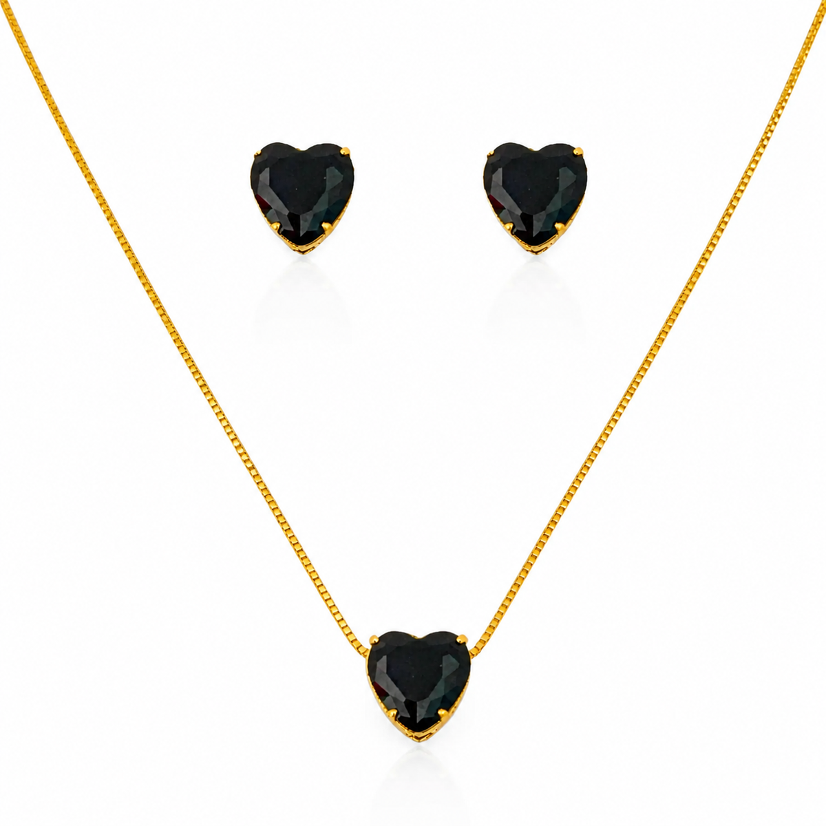 Conjunto Colar e Brinco Folheado a Ouro 18k e Prata Ponto de Luz Coração - Preto