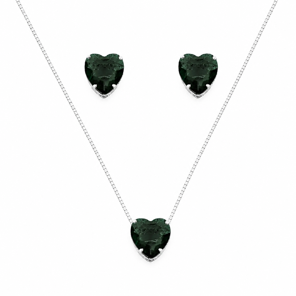 Conjunto Colar e Brinco Folheado a Ouro 18k e Prata Coração de Cristal - Prata - Verde