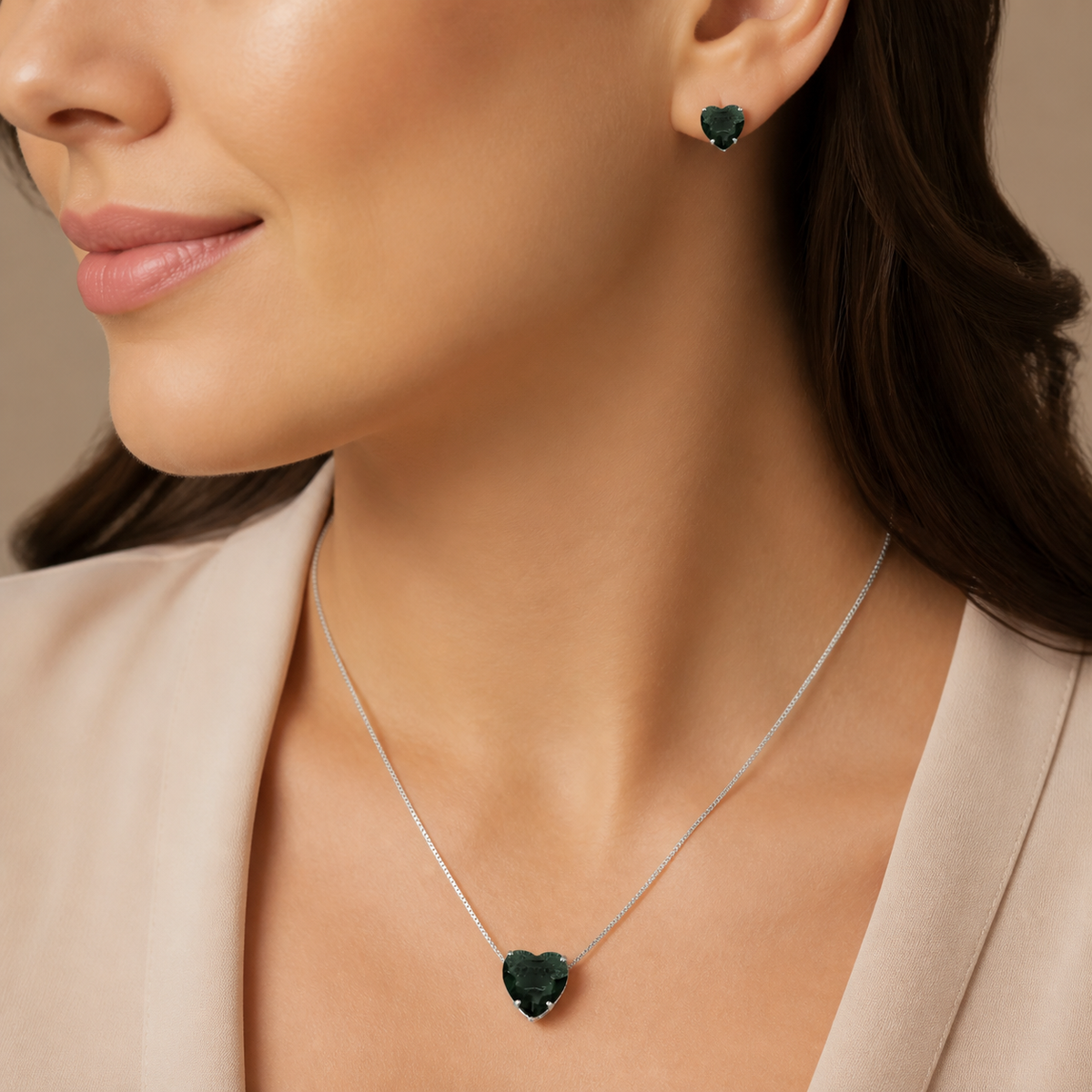 Conjunto Colar e Brinco Folheado a Ouro 18k e Prata Coração de Cristal - Prata - Verde