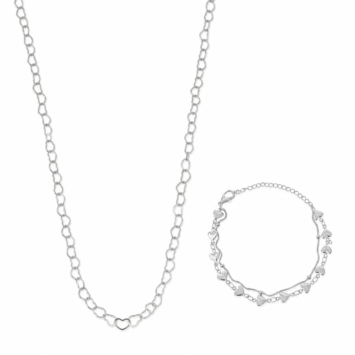 Conjunto Colar e Pulseira Folheado a Prata 925 Elos de Coração