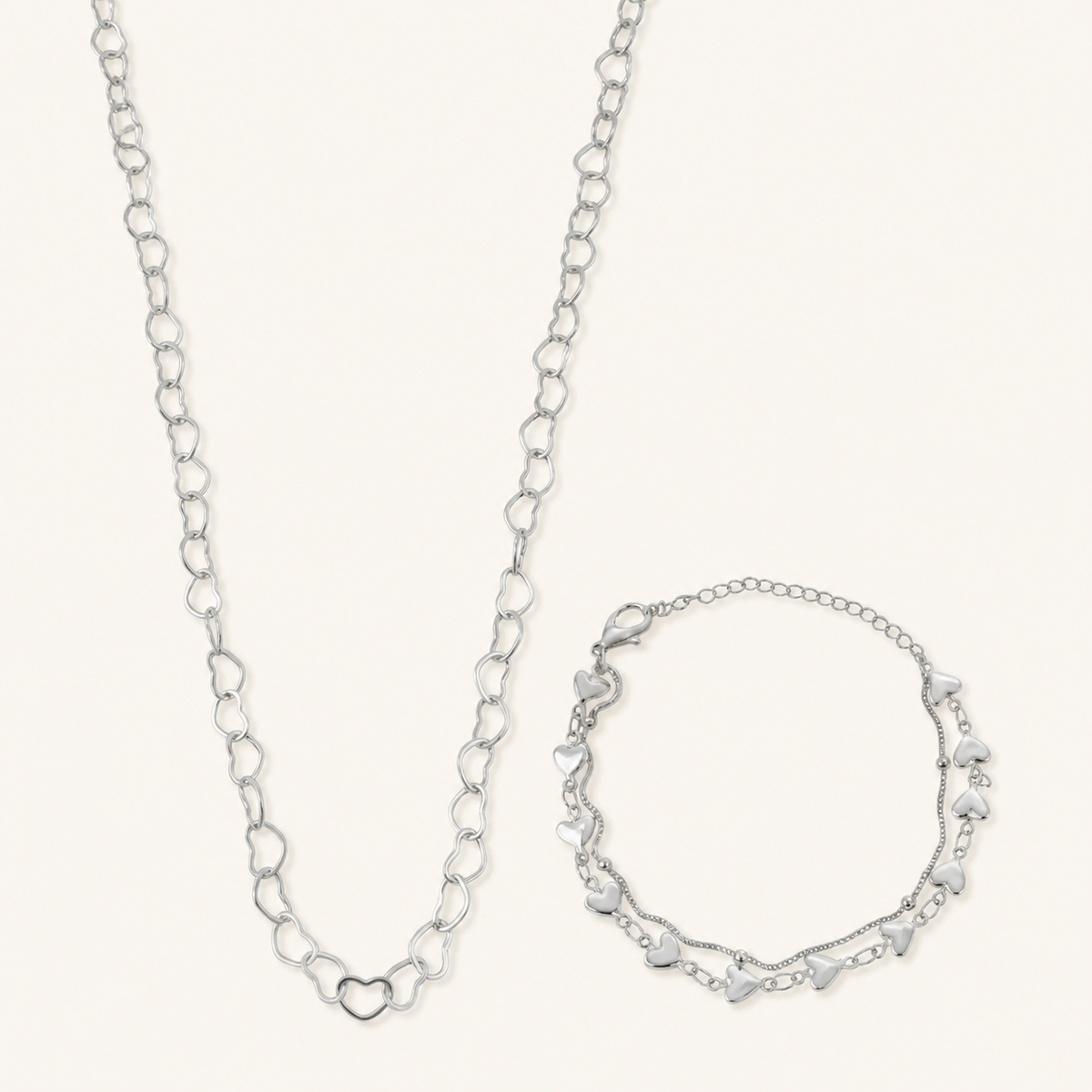 Conjunto Colar e Pulseira Folheado a Prata 925 Elos de Coração