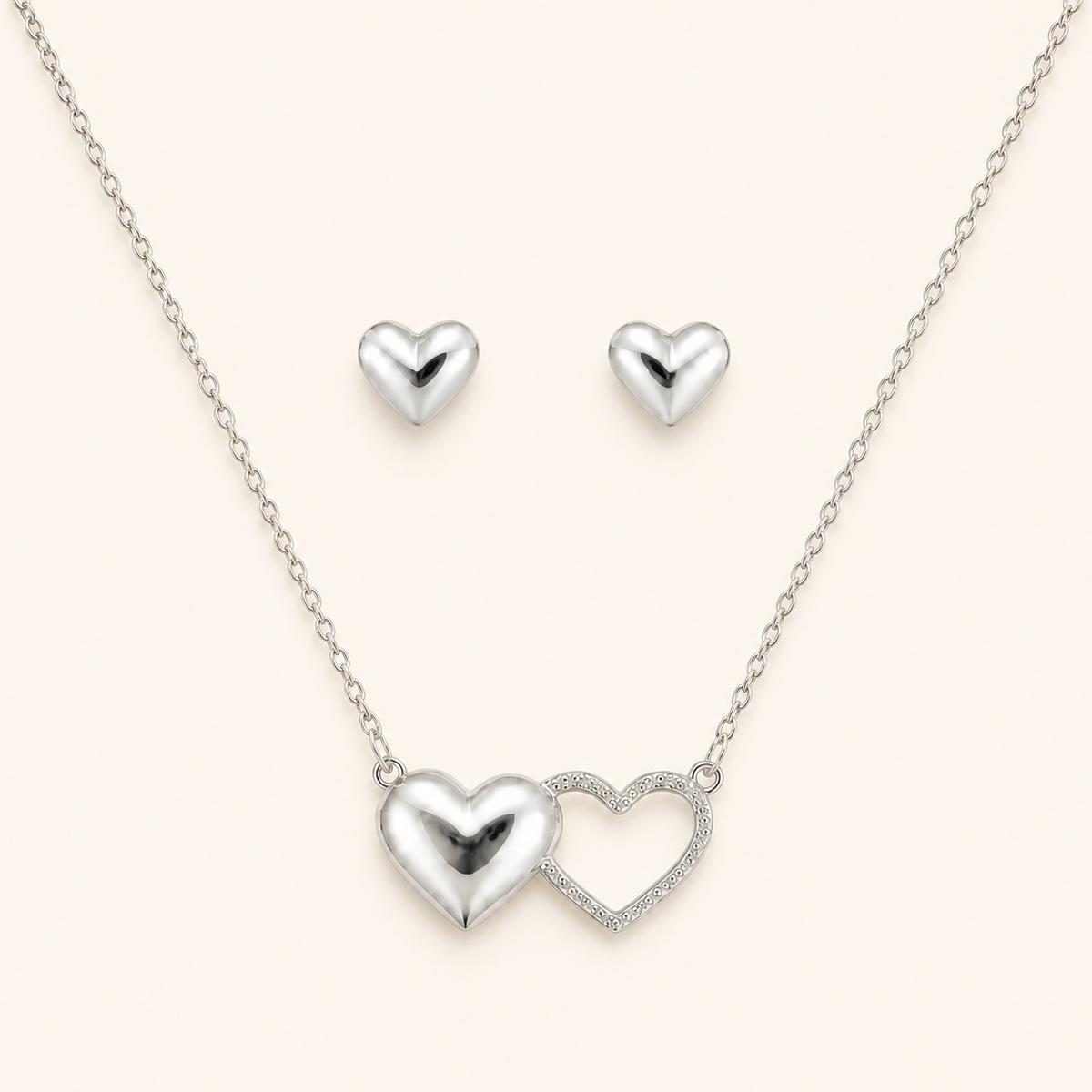Conjunto Colar e Brinco Folheado a Ouro 18k e Prata 925 Coração Liso e Vazado - Prata