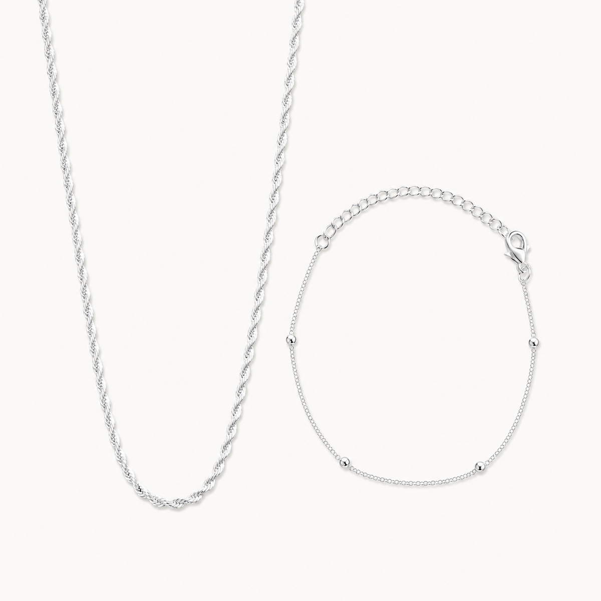 Conjunto Colar e Pulseira Folheado a Prata 925 Cordão Torcido e Esferas