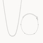 Conjunto Colar e Pulseira Folheado a Prata 925 Cordão Torcido e Esferas