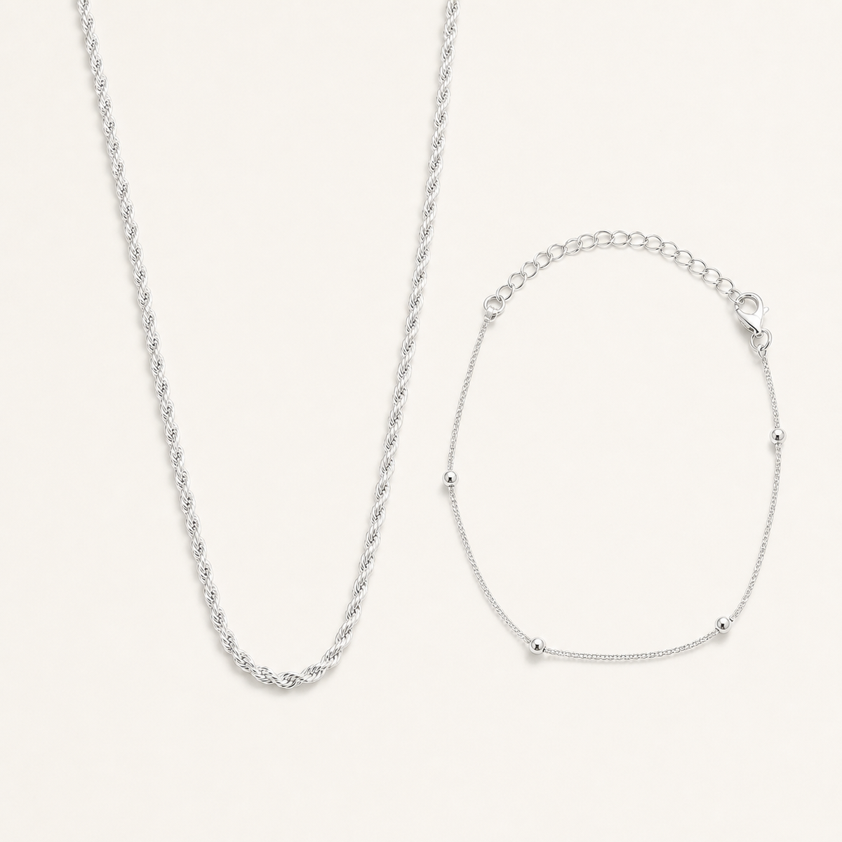 Conjunto Colar e Pulseira Folheado a Prata 925 Cordão Torcido e Esferas