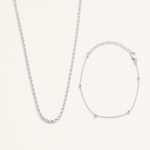 Conjunto Colar e Pulseira Folheado a Prata 925 Cordão Torcido e Esferas