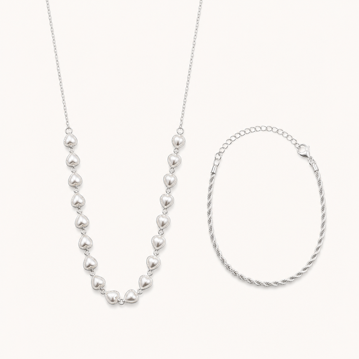 Conjunto Colar e Pulseira Folheado a Prata 925 Cordão Baiano e Corações