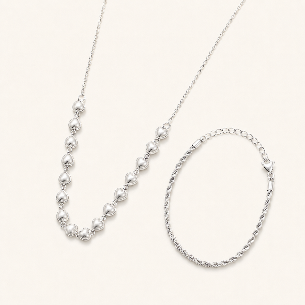 Conjunto Colar e Pulseira Folheado a Prata 925 Cordão Baiano e Corações