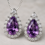Conjunto Colar e Brinco Folheado a Ouro 18k e Prata Design Gota Cristal Cravejada - Prata - Roxo