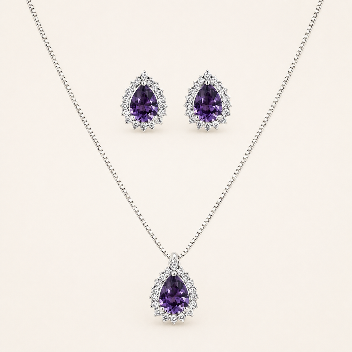 Conjunto Colar e Brinco Folheado a Ouro 18k e Prata Design Gota Cristal Cravejada - Prata - Roxo