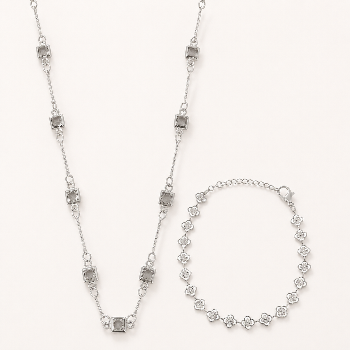 Conjunto Colar e Pulseira Folheado a Prata 925 Flores e Quadrados