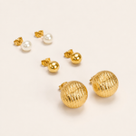 Trio de Brinco Folheado a Ouro 18k e Prata Pérola, Esfera e Botton - Prata