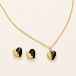 Conjunto Folheado a Ouro 18k Colar e Brinco Coração Meio Esmaltado Preto