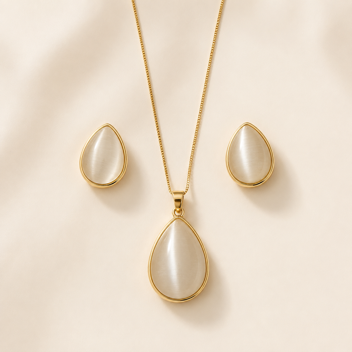 Conjunto Folheado a Ouro 18k Colar e Brinco Gota Pedra Olho de Gato