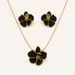 Conjunto Folheado a Ouro Colar e Brinco Flor Esmaltada Preta