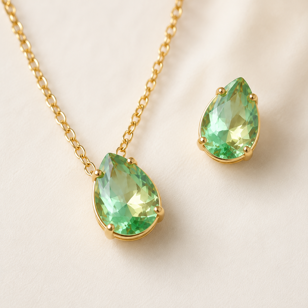Colar Folheado Pedra Verde Gota Cristal