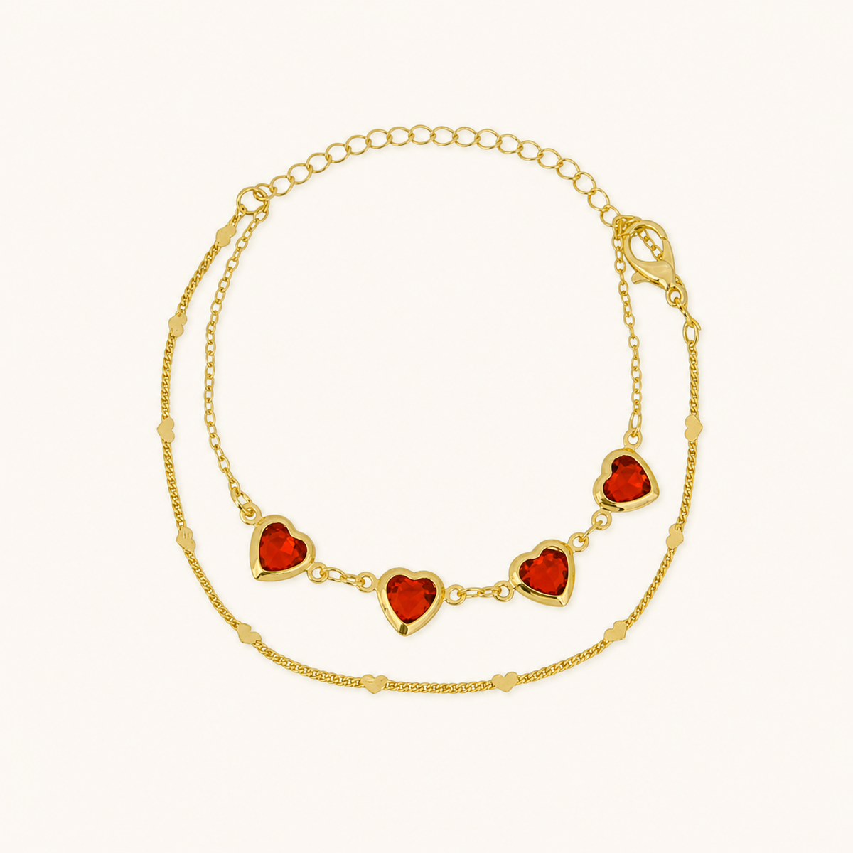 Pulseira Dupla Folheada a Ouro 18k Coração Cristal Vermelho