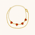 Pulseira Dupla Folheada a Ouro 18k Coração Cristal Vermelho