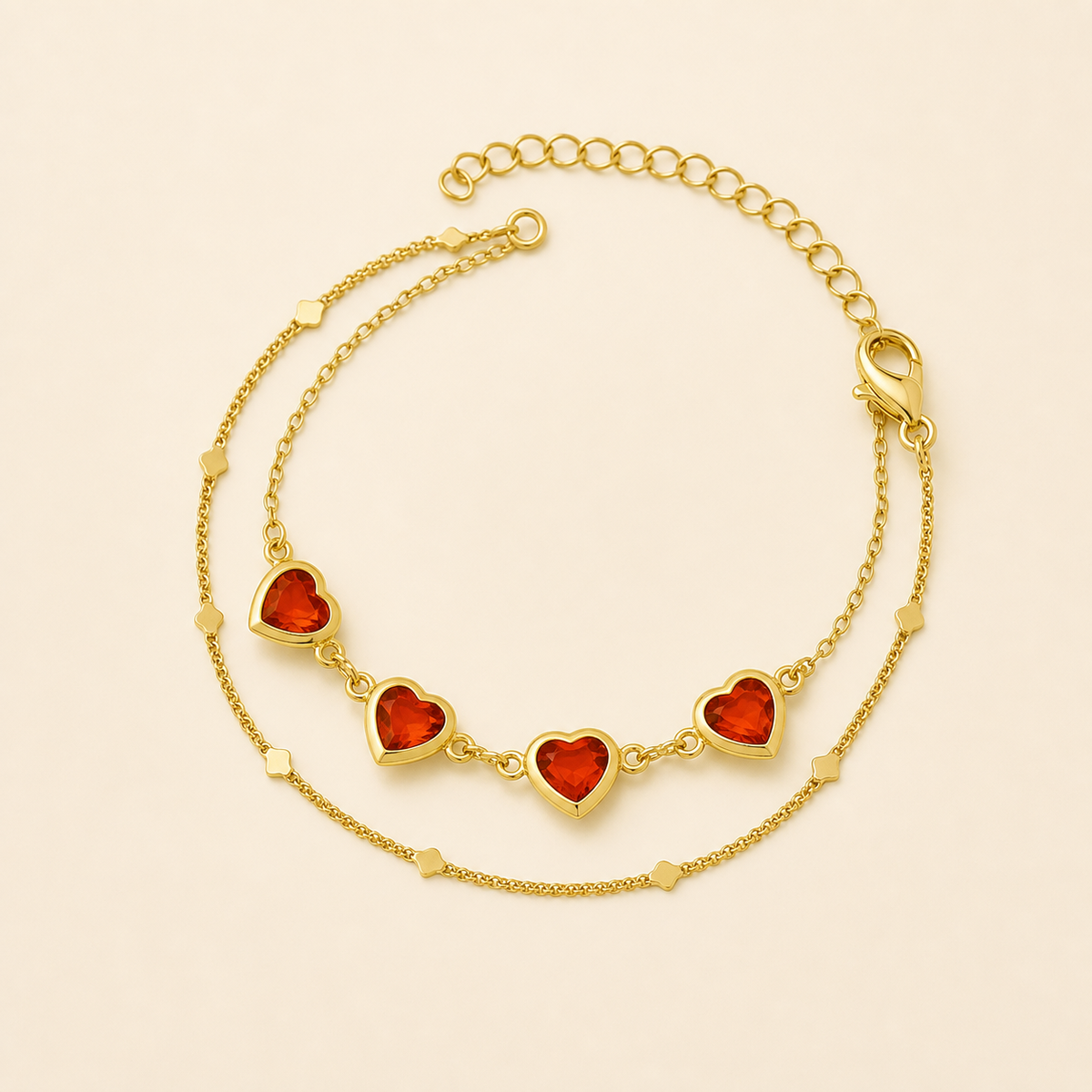 Pulseira Dupla Folheada a Ouro 18k Coração Cristal Vermelho