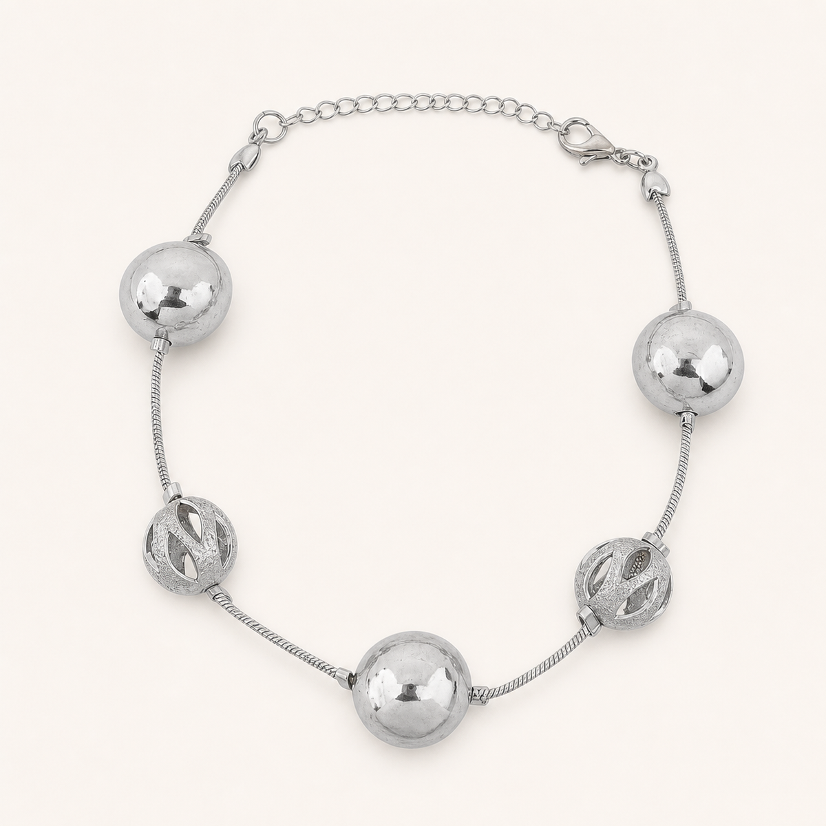Pulseira Folheada a Prata 925 Esferas Lisas e Texturizado