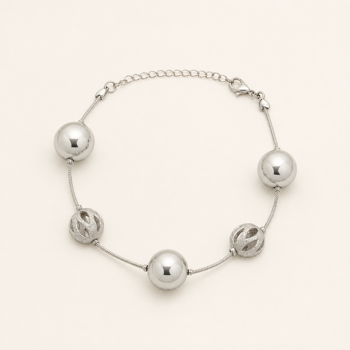 Pulseira Folheada a Prata 925 Esferas Lisas e Texturizado