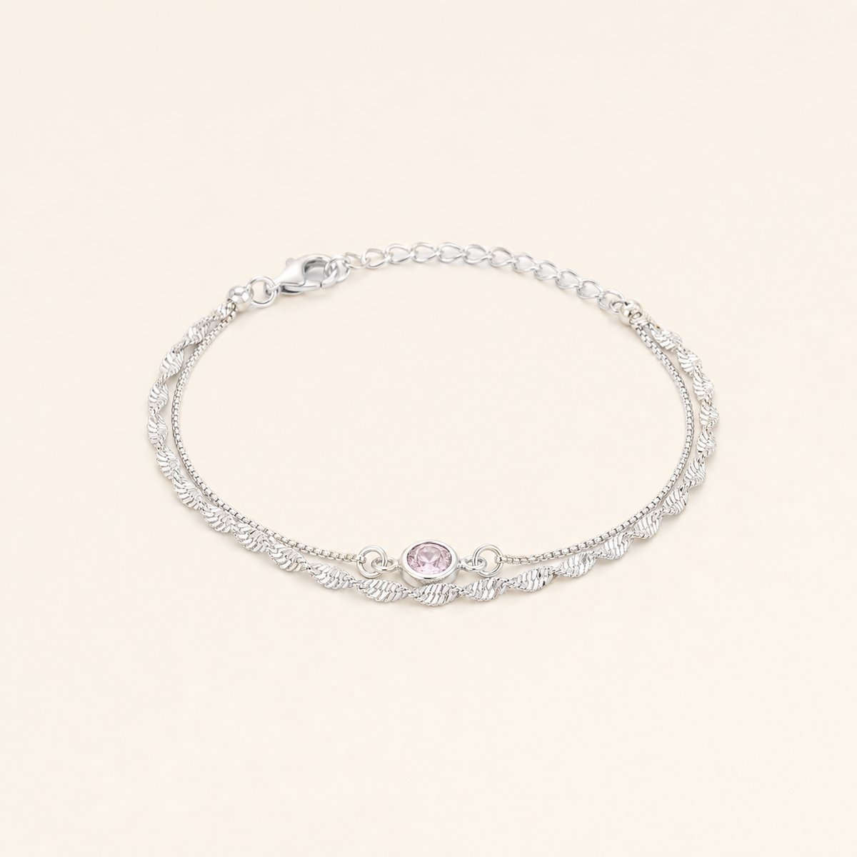 Pulseira Folheada a Prata 925 Duplo Cordão Torcido Cristal Rosa