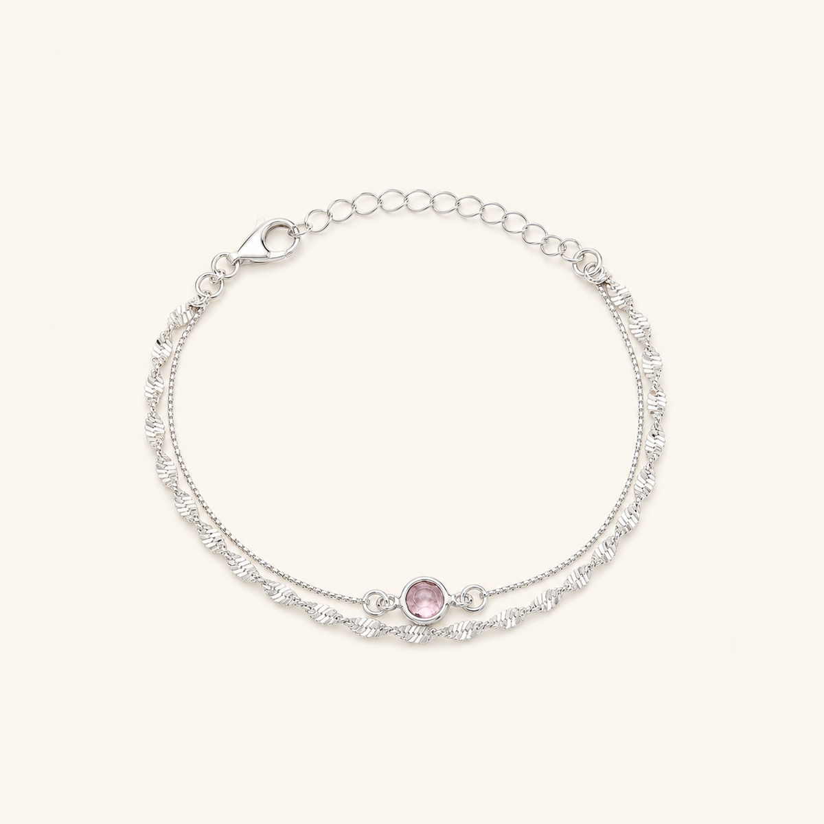 Pulseira Folheada a Prata 925 Duplo Cordão Torcido Cristal Rosa