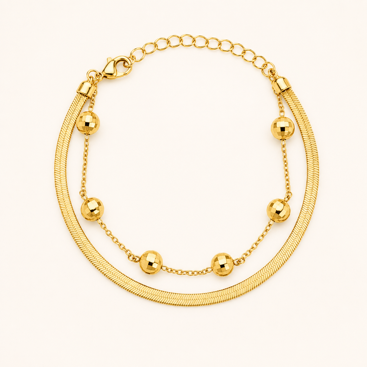 Pulseira Folheada a Ouro 18k Dupla Esfera Com Fita Laminada