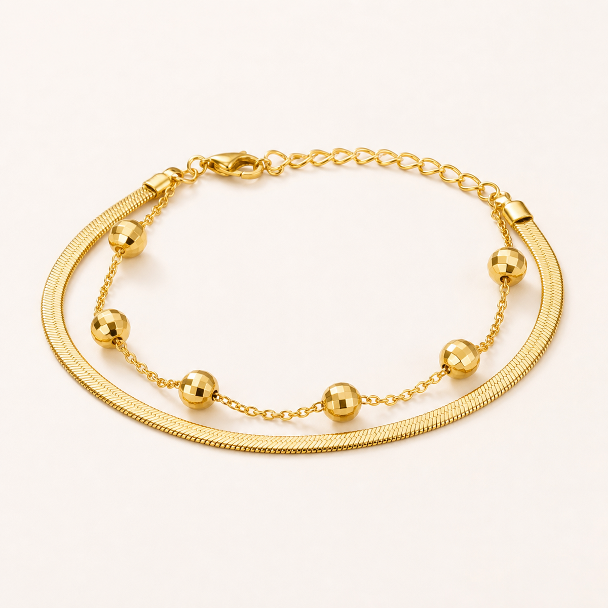 Pulseira Folheada a Ouro 18k Dupla Esfera Com Fita Laminada