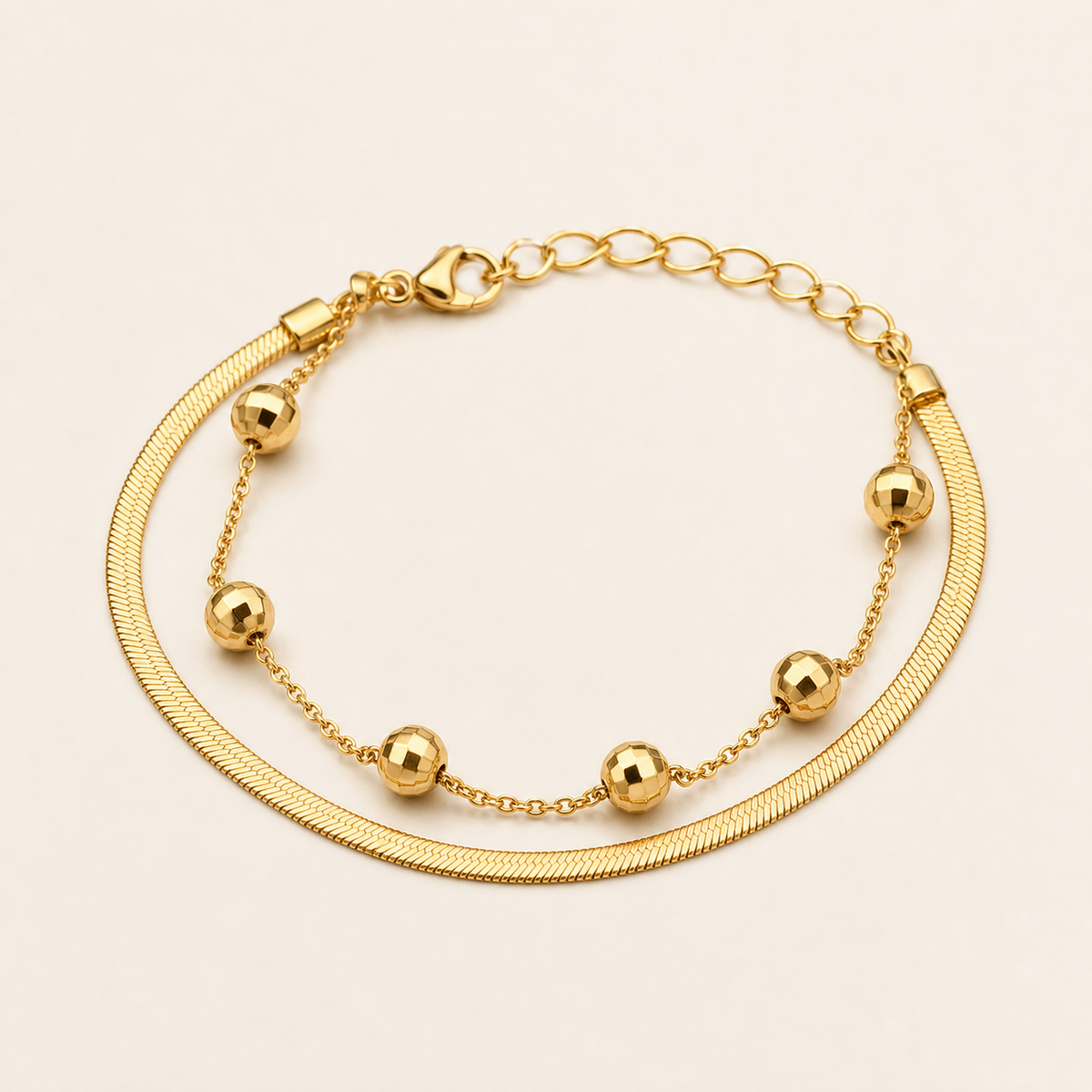 Pulseira Folheada a Ouro 18k Dupla Esfera Com Fita Laminada