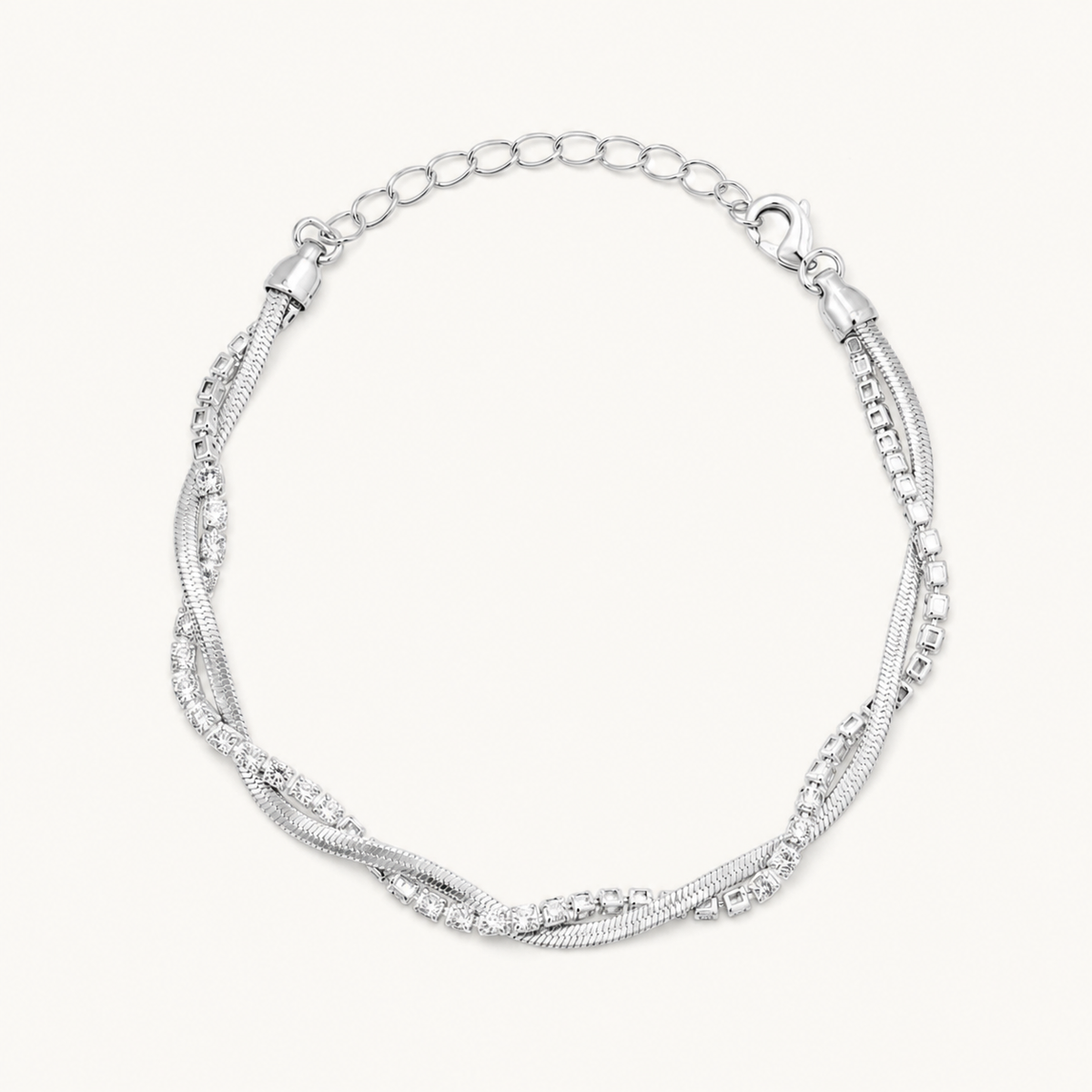 Pulseira Folheada a Prata 925 Fita Laminada Com Cordão Cravejado