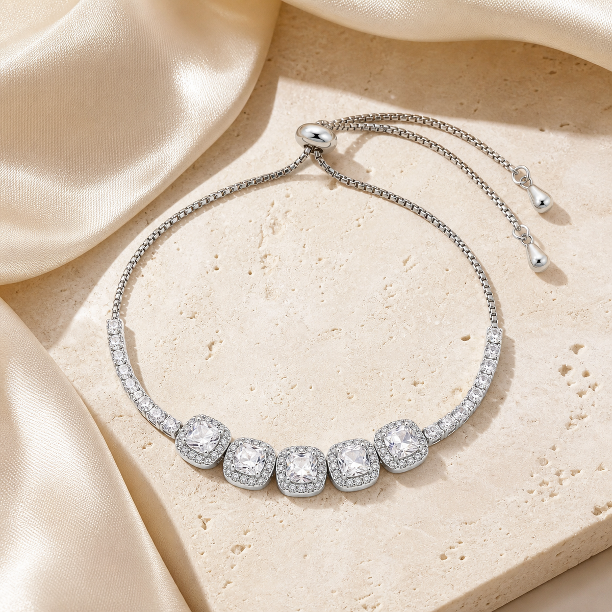 Pulseira Folheado a Ouro 18k e Prata Quadrados de Cristal Com Zircônias - Prata