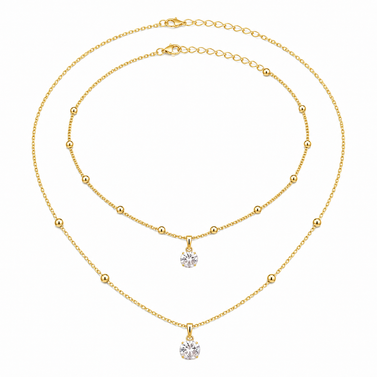 Colar Duplo Folheado a Ouro 18k Esferas e Cristal