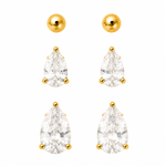 Trio de Brinco Gota Cristal e Esfera Folheado a Ouro 18k