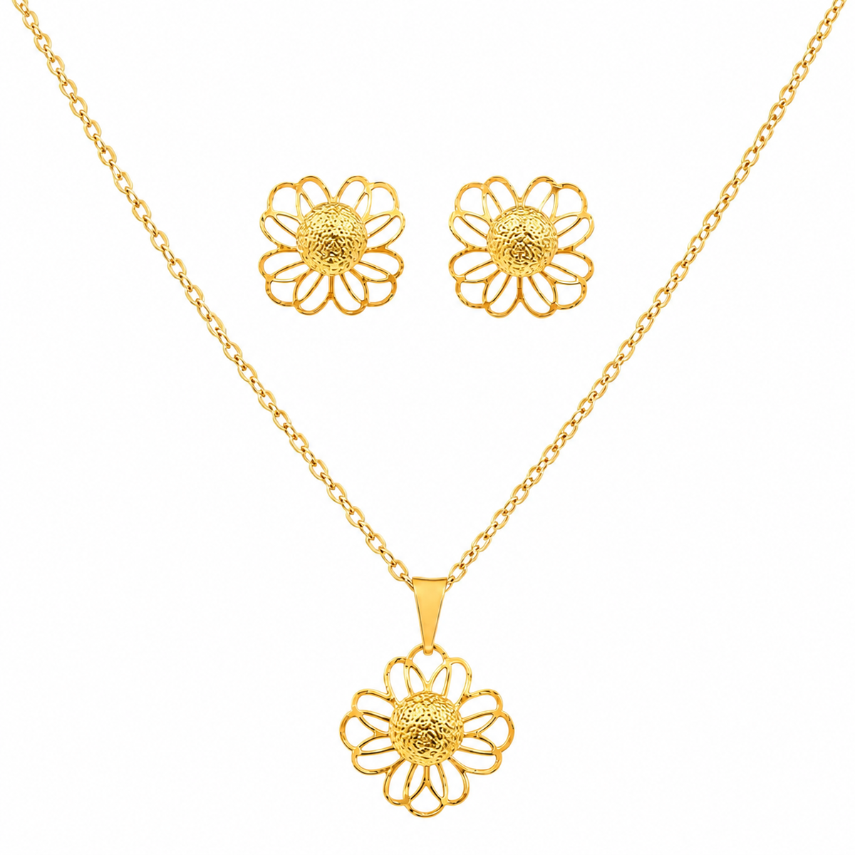 Conjunto Colar e Brinco Folheado a Prata 925 Flor com Esfera Central