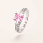 Anel Regulável Folheado a Prata Quadrado Cristal Colorido-Rosa