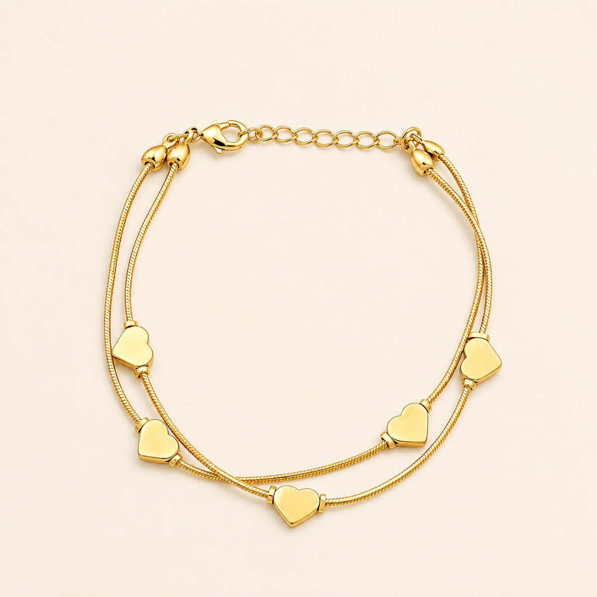 Pulseira Folheada a Ouro 18k Duplo Corações Lisos