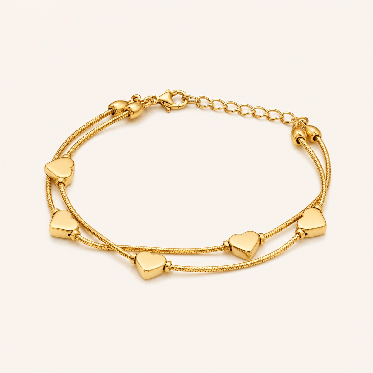 Pulseira Folheada a Ouro 18k Duplo Corações Lisos